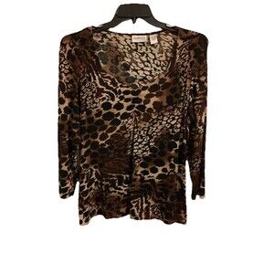 Chicos Travelers Size 3 Womens XL Top Animal Print Brown Slinky 3/4 Sleeves